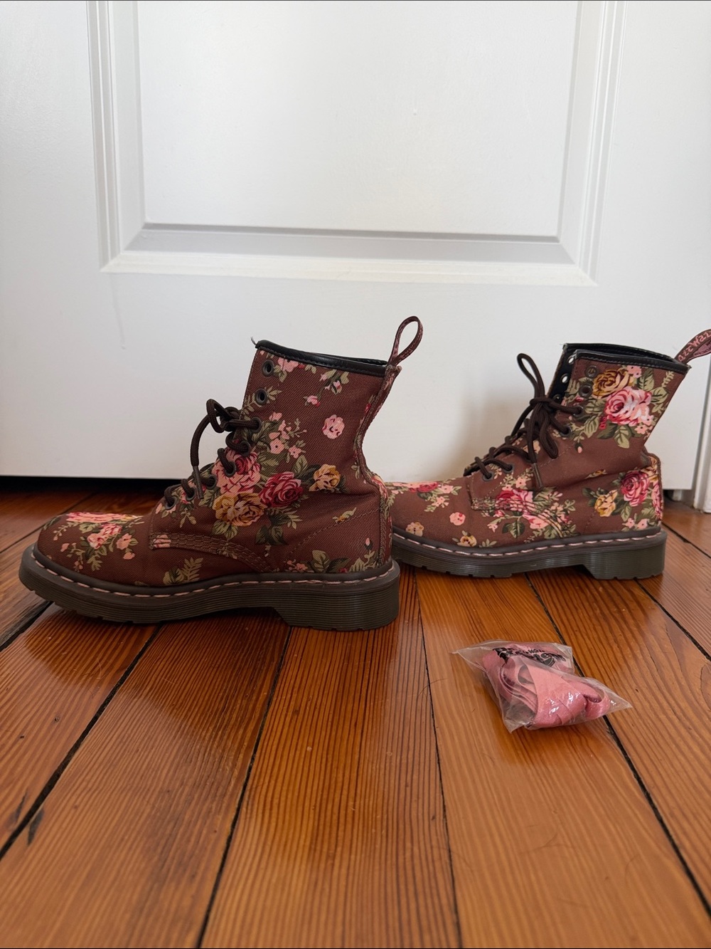 Dr. Martens Brown Floral Lace-Up Ankle Boots with Pink and Cream Flowers - Picture 6 of 8